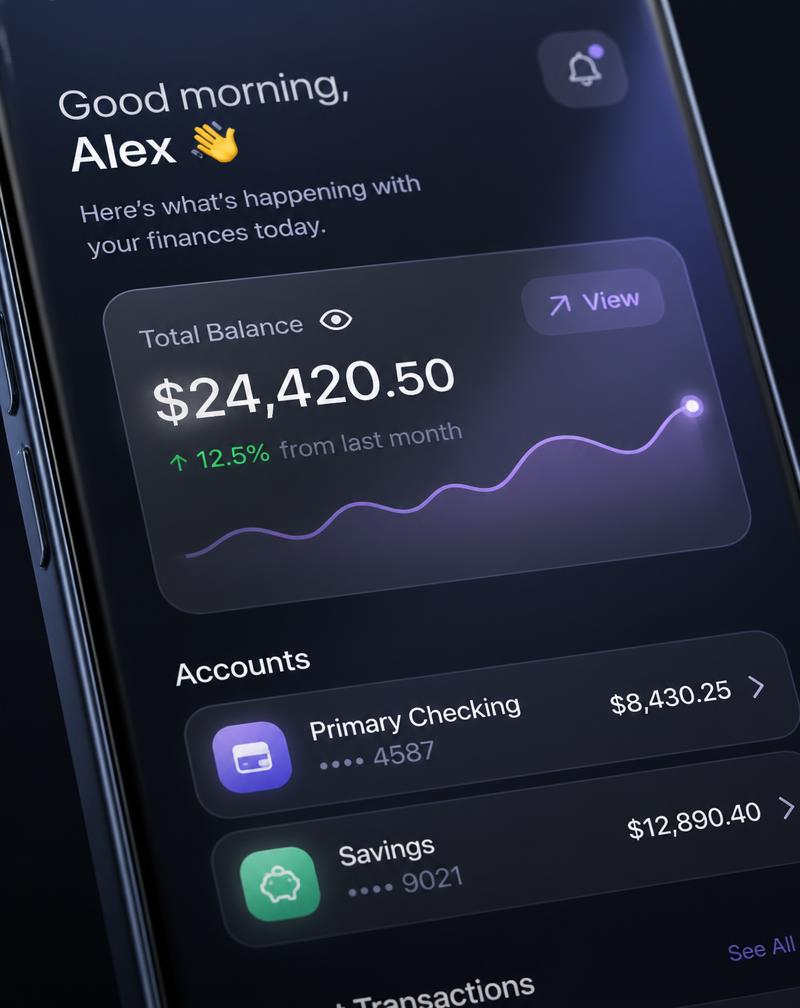 Aura Fintech mobile app interface with sleek typography and glassmorphism
