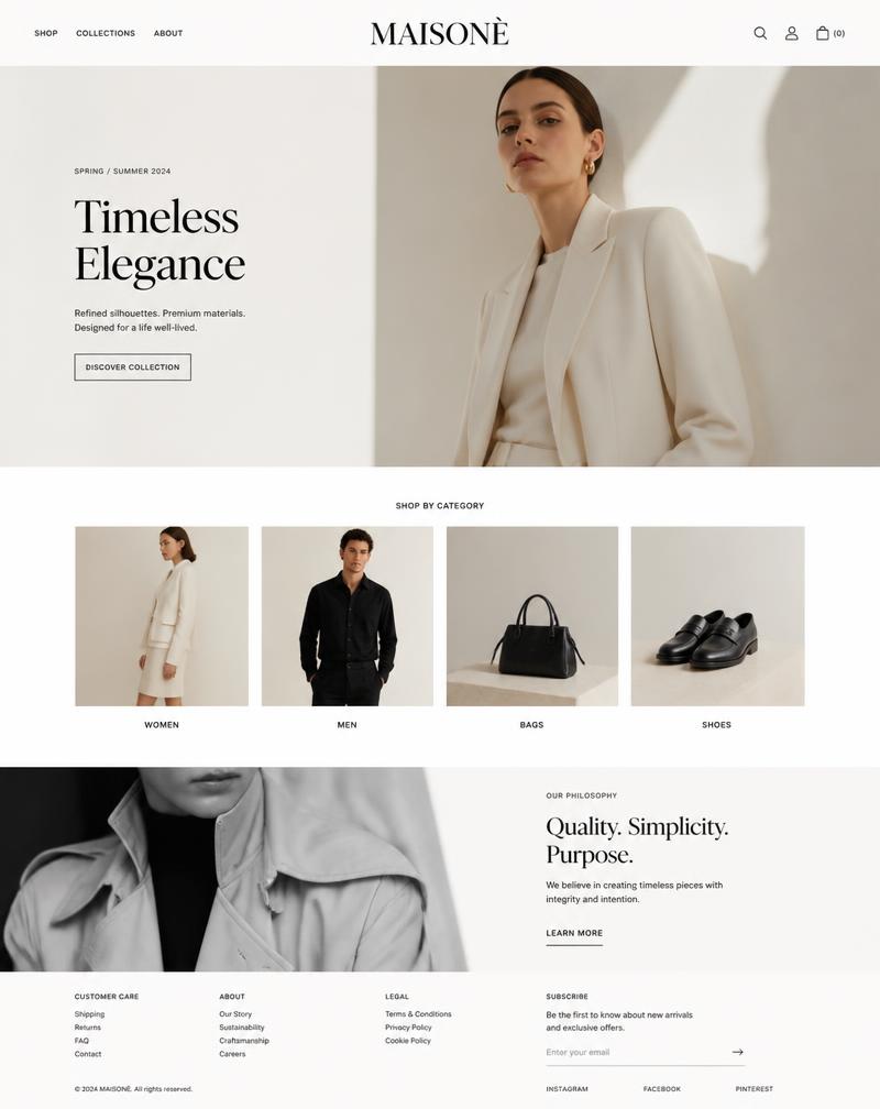 Luminary minimalist e-commerce website design for a high-end fashion brand